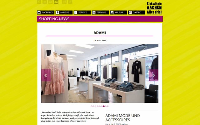 Screenshot Beitrag Adami auf der Webseite aachen-shopping.de